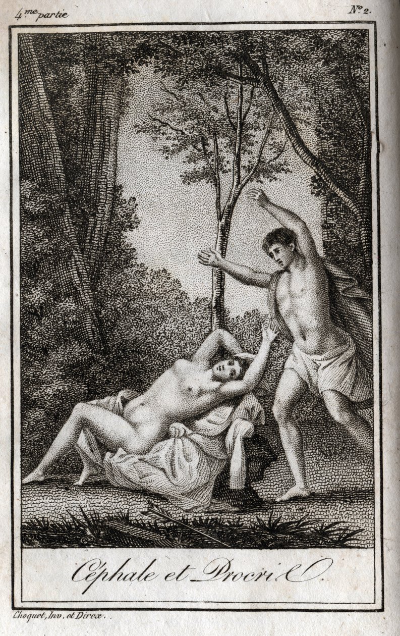 セファレとプロクリス（Cephalus）のカップルの恋人同士。Charles Albert Demoustier (1760-1801)の「Lettres a Emilie sur la mythologie」の1819年のエングレーヴィング。個人蔵。 作： 匿名匿名