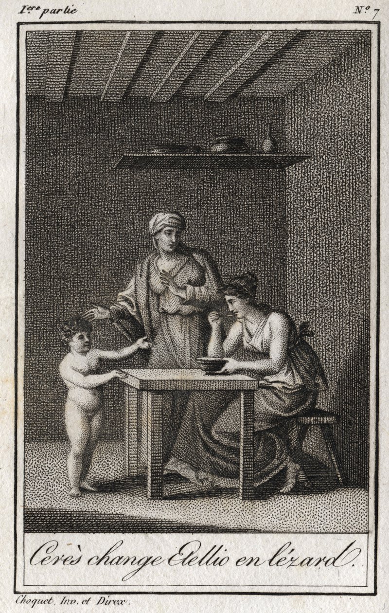 セレスはステリオンをレザードに変える。Charles Albert Demoustier (1760-1801)の「Lettres a Emilie sur la mythologie」に掲載された1819年の版画。個人蔵。 作： 匿名匿名