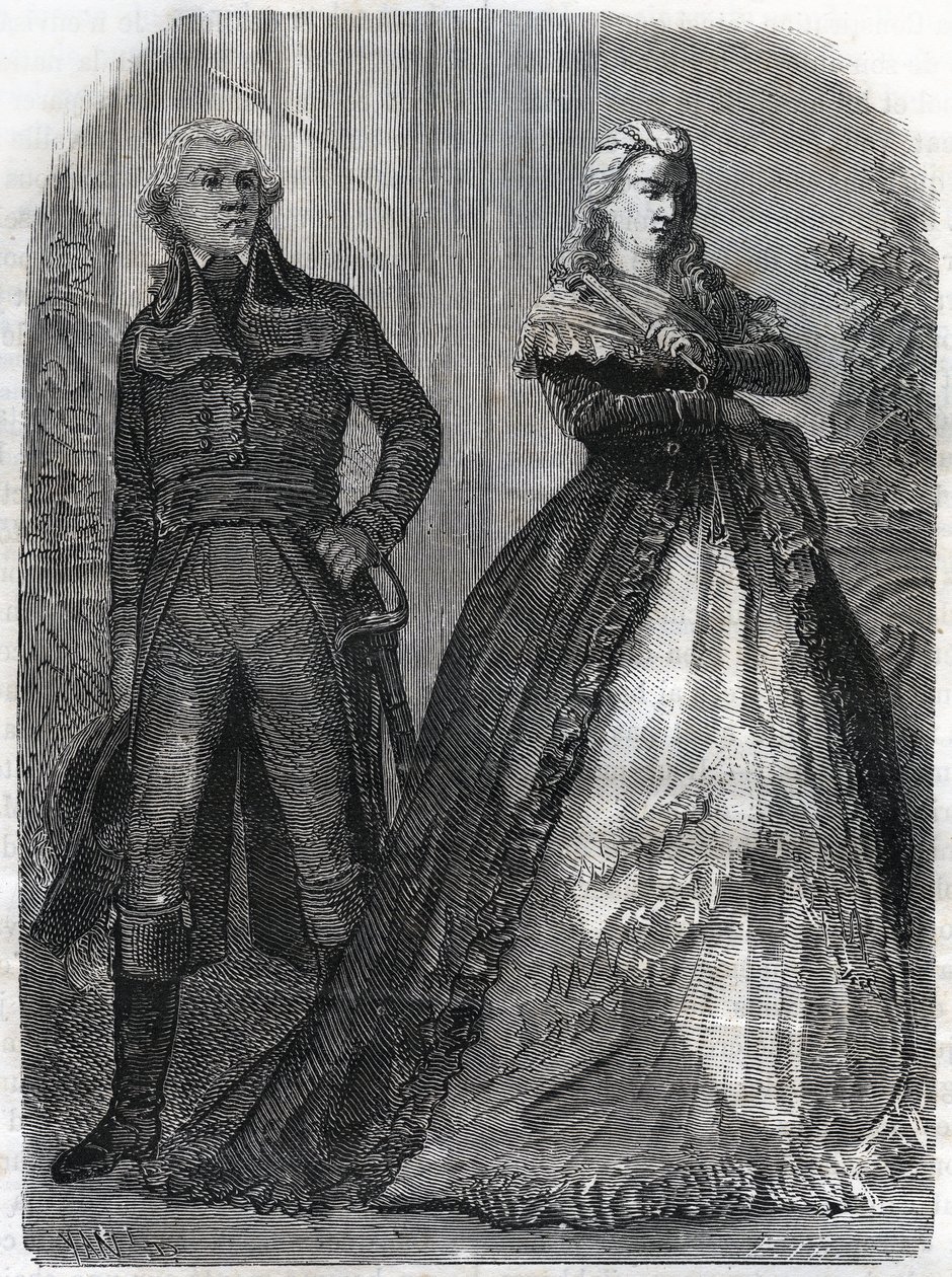 シャルル・フランソワ・デュ・ペリエ・ディ・デュムリエ（1739-1823）、王妃マリー・アントワネット（1755-1793）と一緒にいるフランスの将軍。Adolphe Thiers著『Histoire de la Revolution francaise』に掲載された1866年のエングレーヴィング。個人蔵。 作： 匿名匿名
