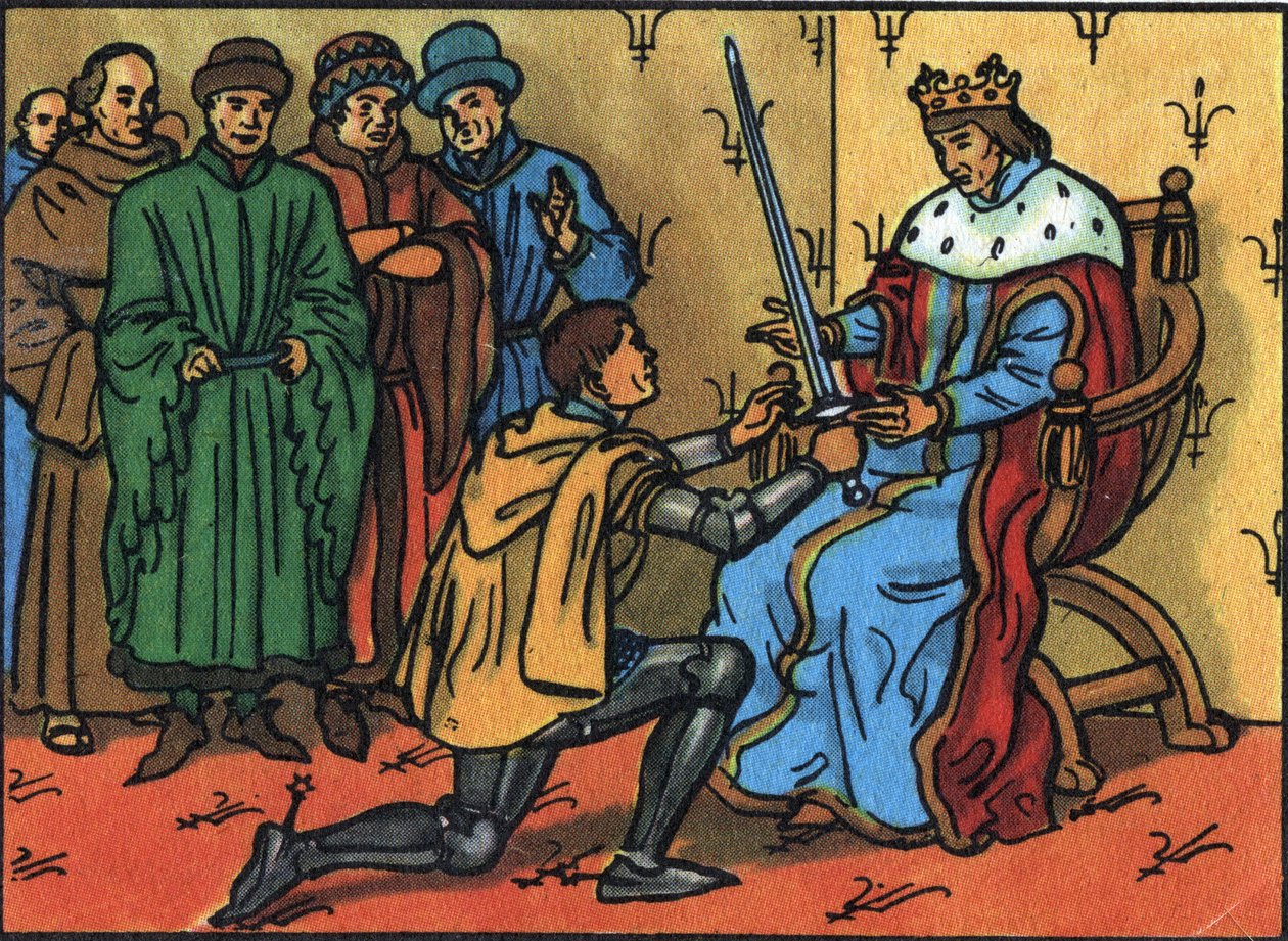 賢者シャルル5世（1338-1380）が、ベルトラン・デュ・ゲスクラン（1320-1380）にコネタブルの剣を厳粛に手渡す。Collection des souverains et chefs d