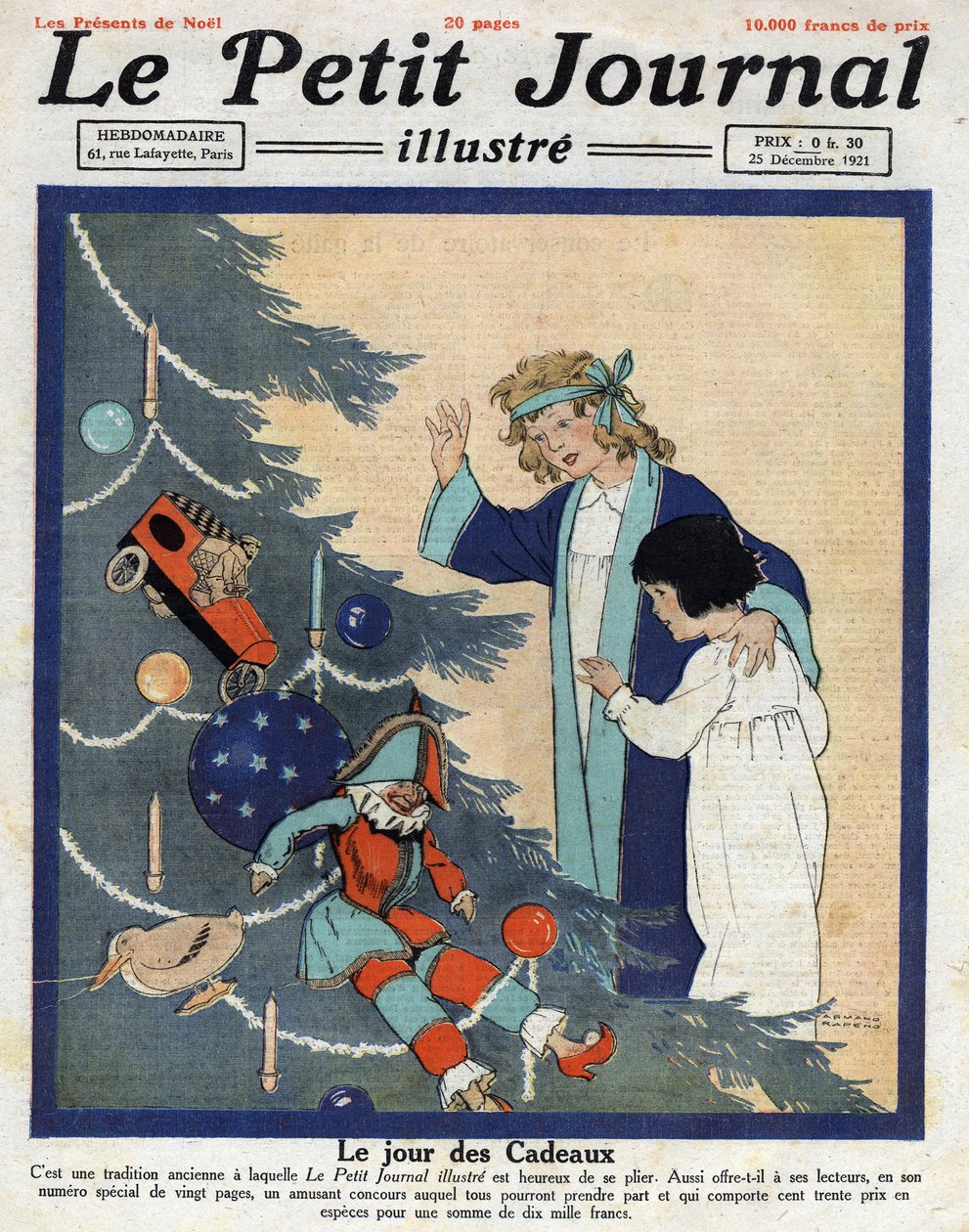 クリスマスパーティー：クリスマスツリーの足元でプレゼントを発見する子供たち。イラストは1921年12月25日付「Le petit journal」より引用 Collection privee 作： 匿名匿名