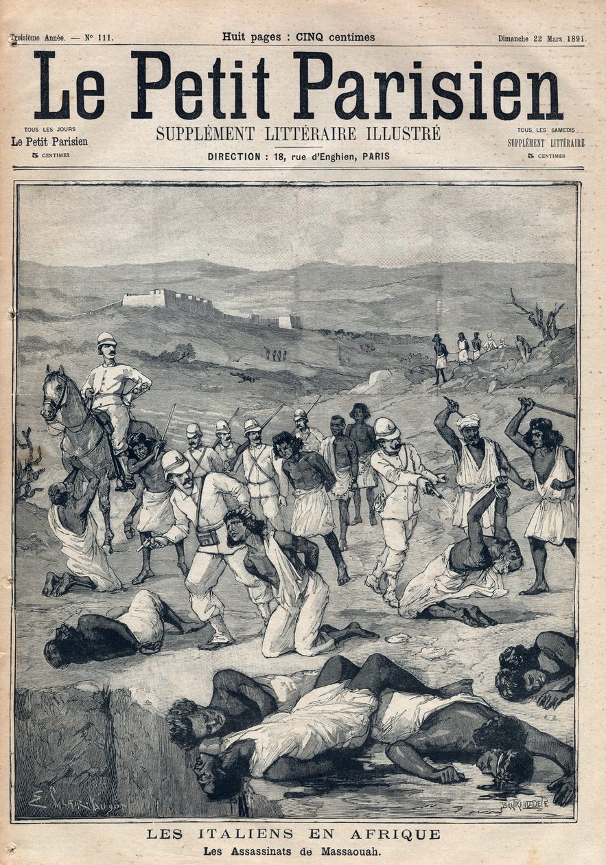 イタリアによるErythreeのコンケト。マッサウアの殺人事件（Erythree）。1891年3月22日付の「Le petit Parisien」に掲載されたエングレーヴィング。個人蔵。 作： 匿名匿名