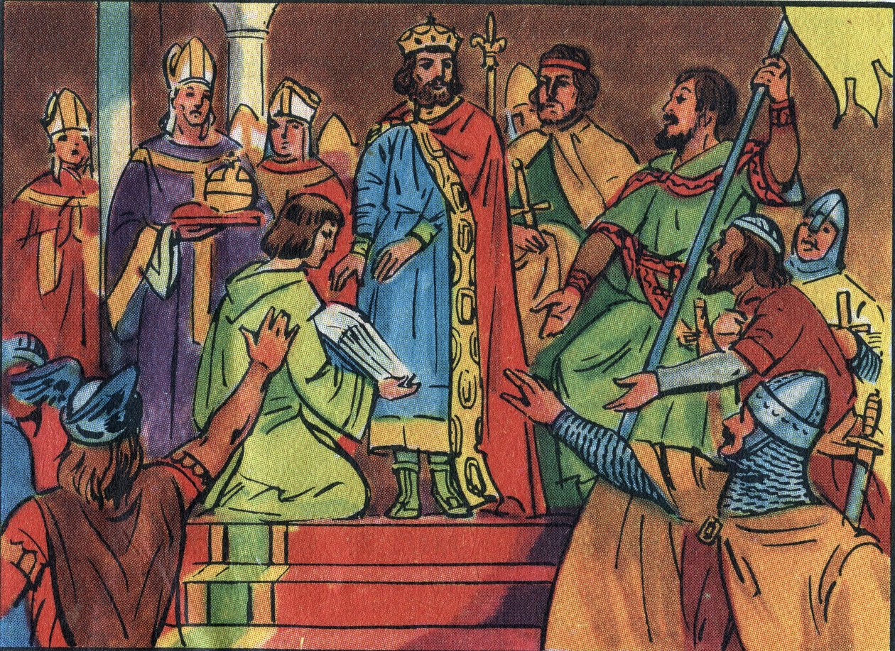 987年にノヨンで行われたユーグ・カペ（941-996）の戴冠式。ランスのアルケベク、アダルベロン（925-990頃）によるもの。この戴冠式により、カペー朝の始まりとなった。カペー朝の王は、直接または間接的に8年間にわたってフランスを再興した。匿名のイラストレーター 作： 匿名匿名