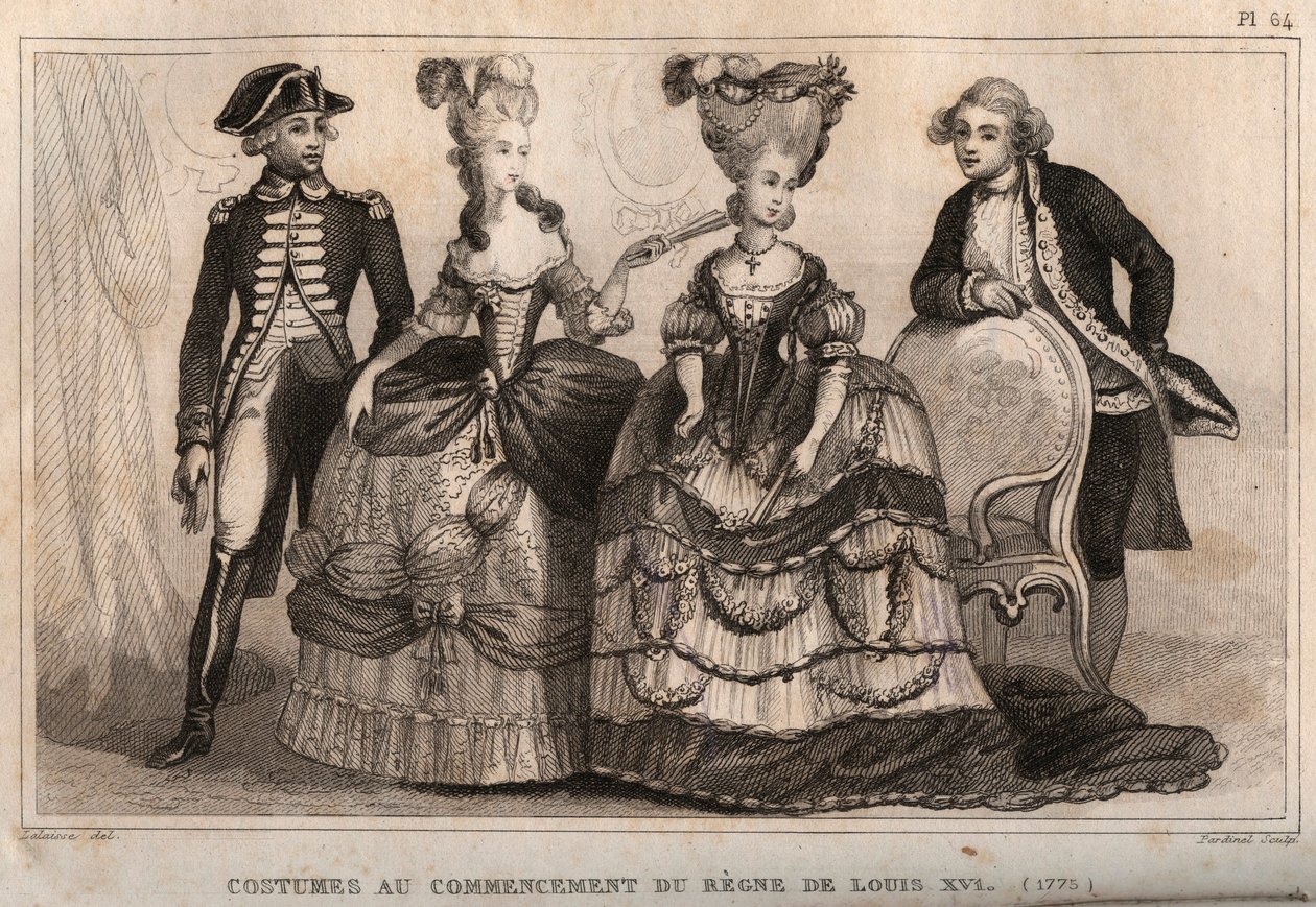 ルイ16世の政体の始まり（1775年）の衣装。1859年に出版された「Le Monde」に掲載された図版。M. E. de Lostalot-Bachoue (Lostalot Bachoue)による「最も遠い時代から現代までの全民族の歴史」。個人蔵。 作： 匿名匿名