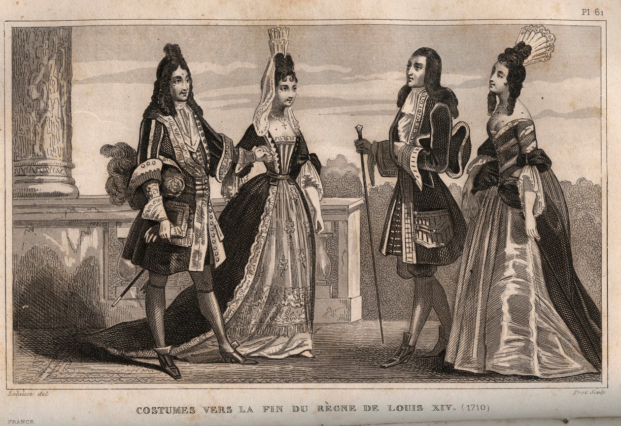 ルイ14世の治世末期（1710年）のコスチューム。1859年に出版された「Le Monde」に掲載された版画。M. E. de Lostalot-Bachoue (Lostalot Bachoue)による「最も遠い時代から現代までの全民族の歴史」。個人蔵。 作： 匿名匿名
