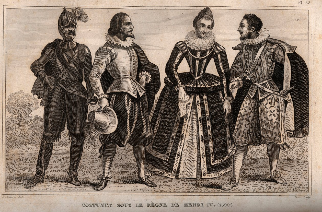 ヘンリー4世統治下のコスチューム（1590年）。1859年のEngraving in "Le Monde.M. E. de Lostalot-Bachoue (Lostalot Bachoue)による「最も遠い時代から現代までの全民族の歴史」。個人蔵。 作： 匿名匿名