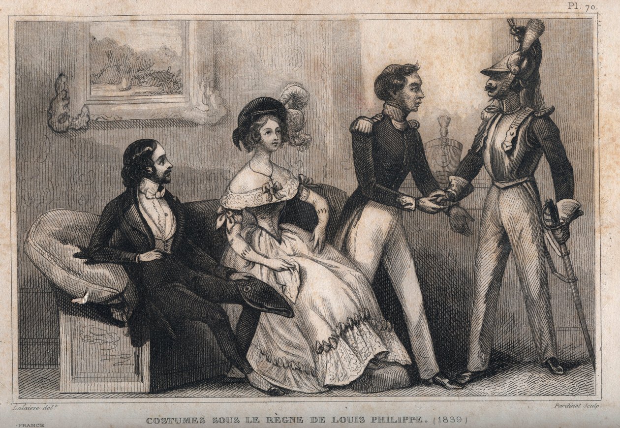 ルイ・フィリップ支配下の衣装（1839年）。1859年のEngraving in "Le Monde.M. E. de Lostalot-Bachoue（Lostalot Bachoue）による「最も遠い時代から現代までの全民族の歴史」。個人蔵。 作： 匿名匿名