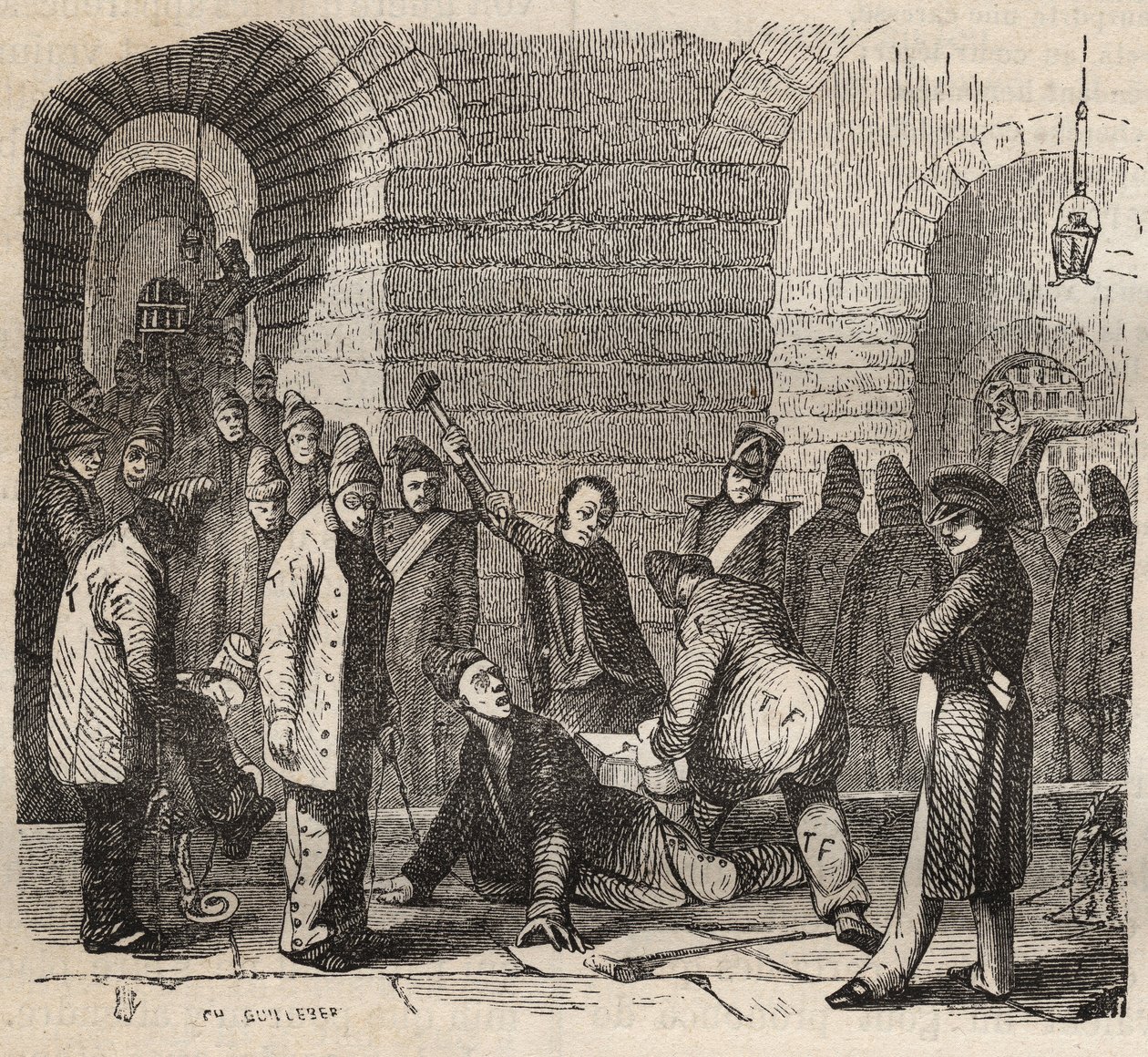 19世紀のロシュフォールのバッグンでの結合。ピエール・ザッコーネ（1817-1895）の「Histoire des bagnes depuis leur création à nos jours」（1877年）に掲載されている版画（Colonia Penale - Penal colony）。個人蔵。 作： 匿名匿名