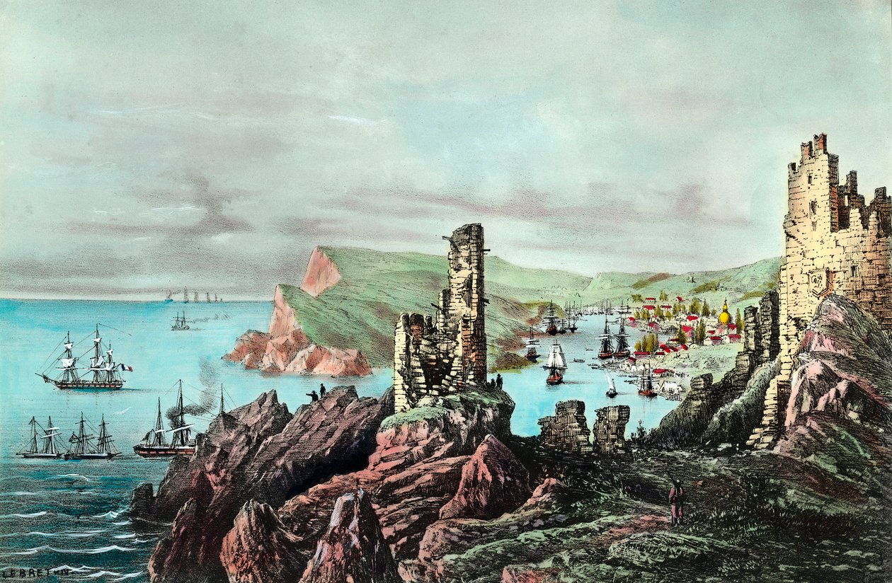 クリミー戦争：クリミーのバラクラヴァ港の風景。1854-1855年頃のエングレーヴィング。個人蔵 作： 匿名匿名
