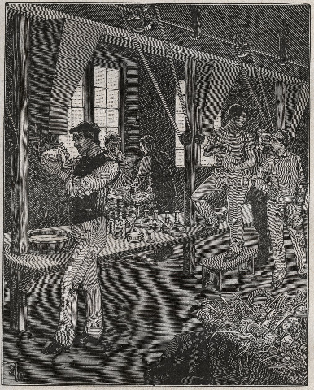 19世紀のフランスのクリスタル彫刻家の工房。Adolphe BITARDの "Les arts et metiers illustres "に掲載された1885年の彫刻。 作： 匿名匿名