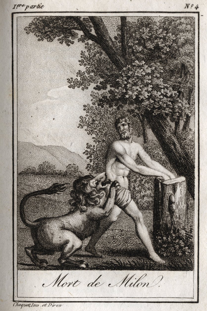 狼に食い殺されたミロン・ド・クロトン（クロトンのミロ）の死。Charles Albert Demoustier (1760-1801)の「Lettres a Emilie sur la mythologie」に掲載された1819年の版画。個人蔵。 作： 匿名匿名