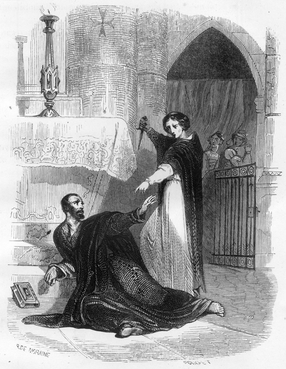 The Inquisitor Pedro (Peter) of Arbues (1441/1442 - 1485)の死は、1485年9月にサラゴサ（Zaragoza）のカテドラルで行われた。Mysteres of the Inquisition and Other Secret Societies of Spain" by Victor de Fereal, Suberwick, Manuel Galo の挿絵。 作： 匿名匿名