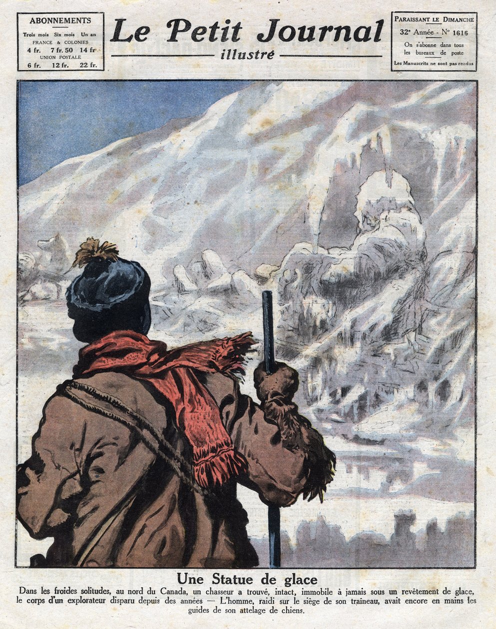何年も行方不明だったカナダの氷の中の探検家の体から発見された。図版は1921年12月11日付「Le petit journal」より引用。 作： 匿名匿名