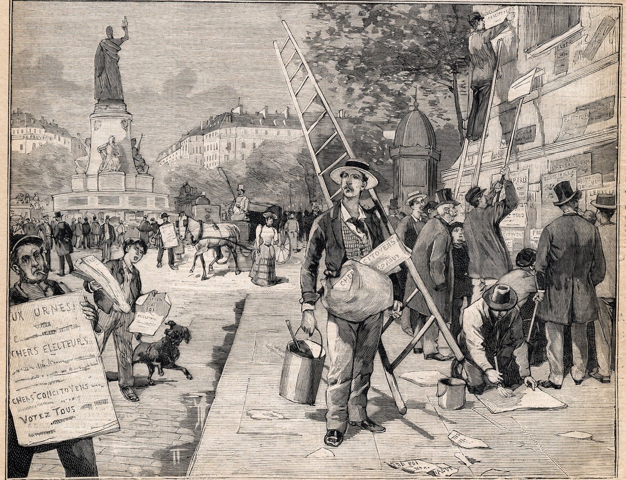 フランスの選挙期間中のディスプレイ。1893年8月20日の「Le Petit Parisien」に掲載されたエングレーヴィング。 作： 匿名匿名