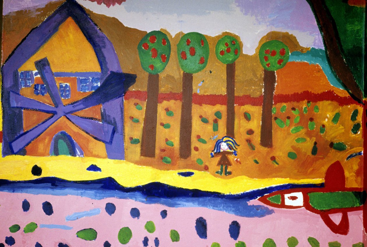 水車小屋と木々を描いたクロワ・ルース校の子供たちの絵。サン・ブリュック（Saint-Brieuc）。 作： 匿名匿名