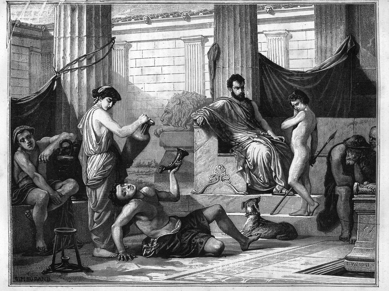 古代ギリシャのスパルタにおける教育：酒に酔った奴隷を少年に紹介し、アルコールの危険性を教えている。La republique illustree "個人所蔵の1880年のエングレーヴィング。 作： 匿名匿名