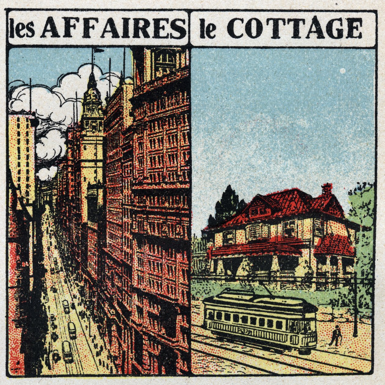電気式トラム：都市部のトラムライン（左）と田舎のトラムライン（右）。1925年の匿名のイラスト。個人蔵。 作： 匿名匿名
