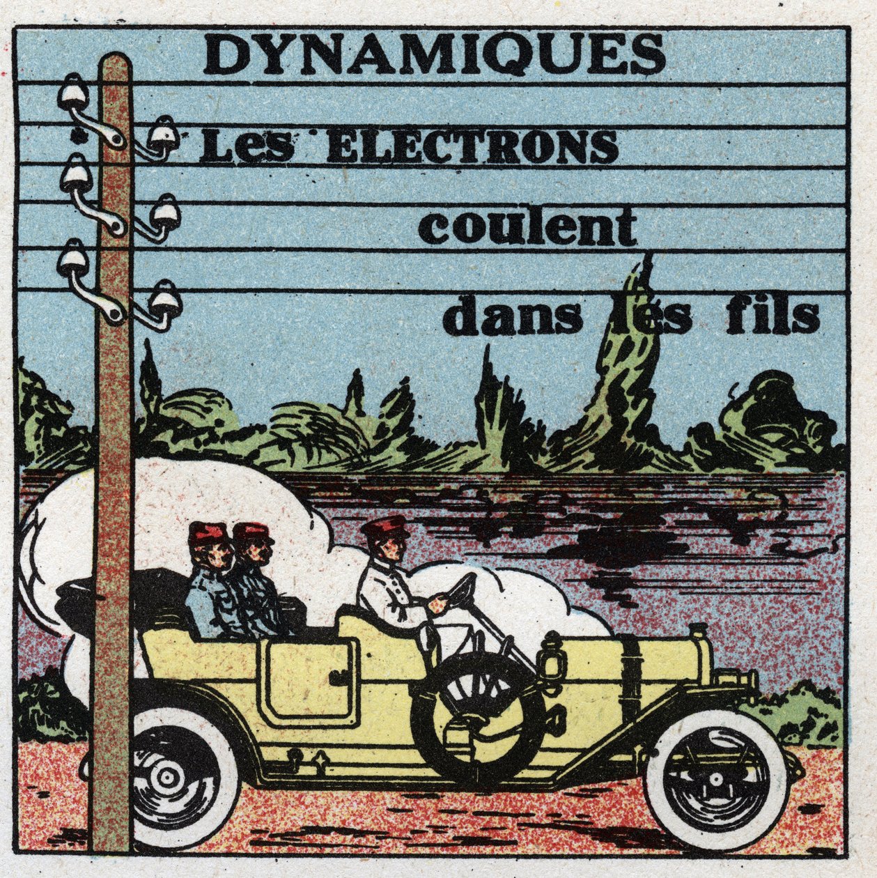 電気現象：動的現象。電線の中を流れる電子。1925年の匿名のイラスト。個人蔵。 作： 匿名匿名