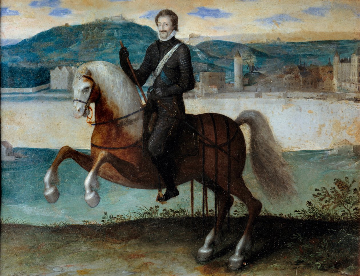 アンリ4世（1553-1610）のパリの前での騎馬像（1594年）。無名の絵。h s/copper。寸法：0.25 x 0.31m。パリ、カルナヴァレ美術館 作： 匿名匿名