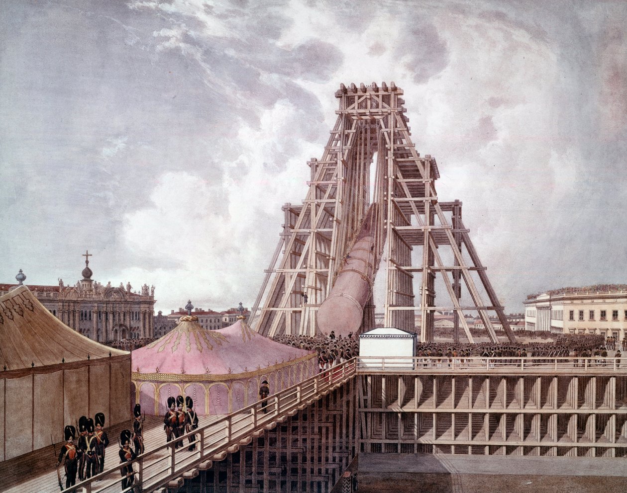 宮殿広場にアレクサンドル1世の円柱を建てる（サンクトペテルブルク）。ロシア派の絵画 作： 匿名匿名