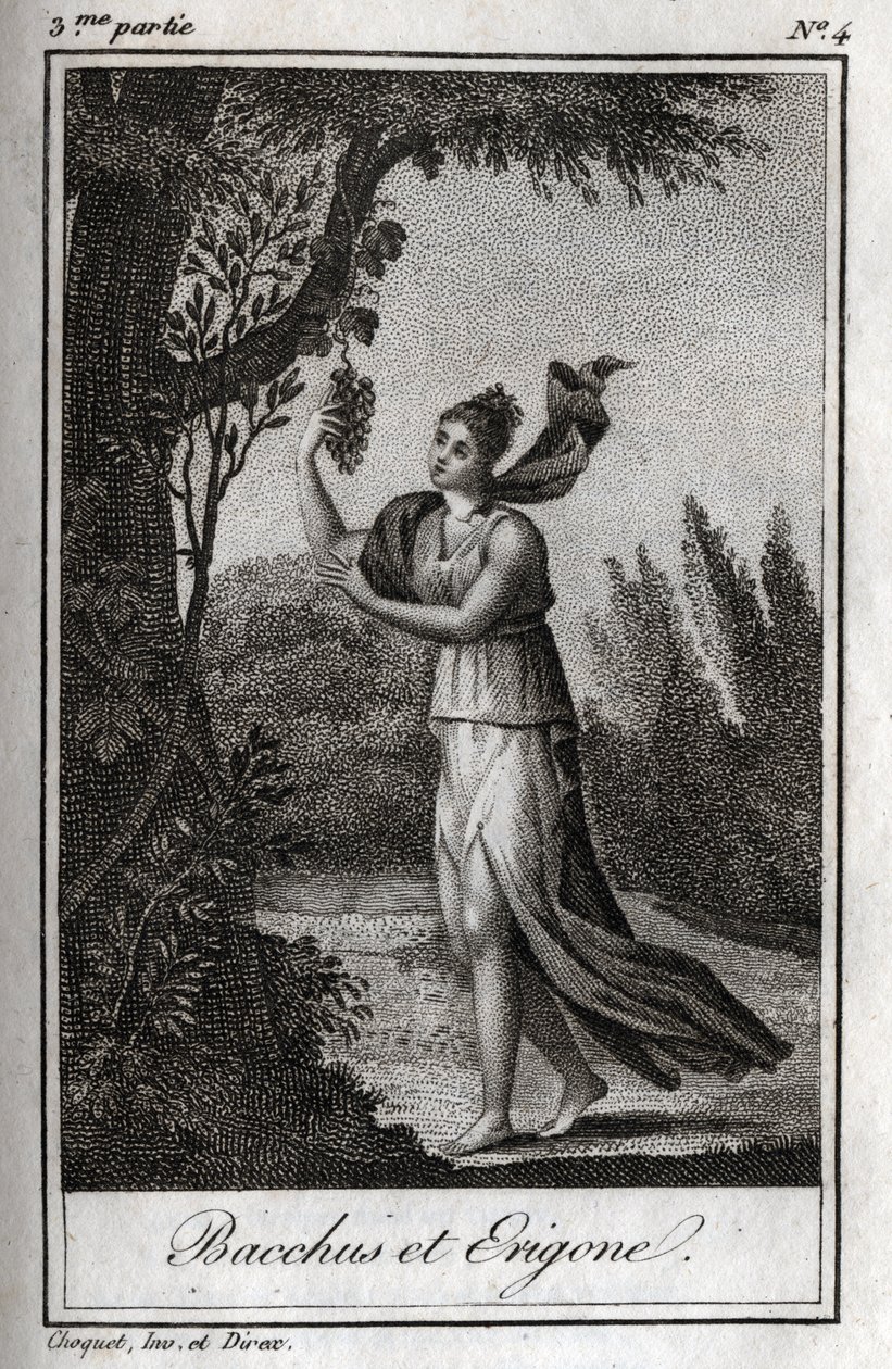エリーゴとバッカス チャールズ・アルベール・ドゥムスティエ（1760-1801）の『Lettres a Emilie sur la mythologie』に掲載された1819年のエングレーヴィング。個人蔵。 作： 匿名匿名