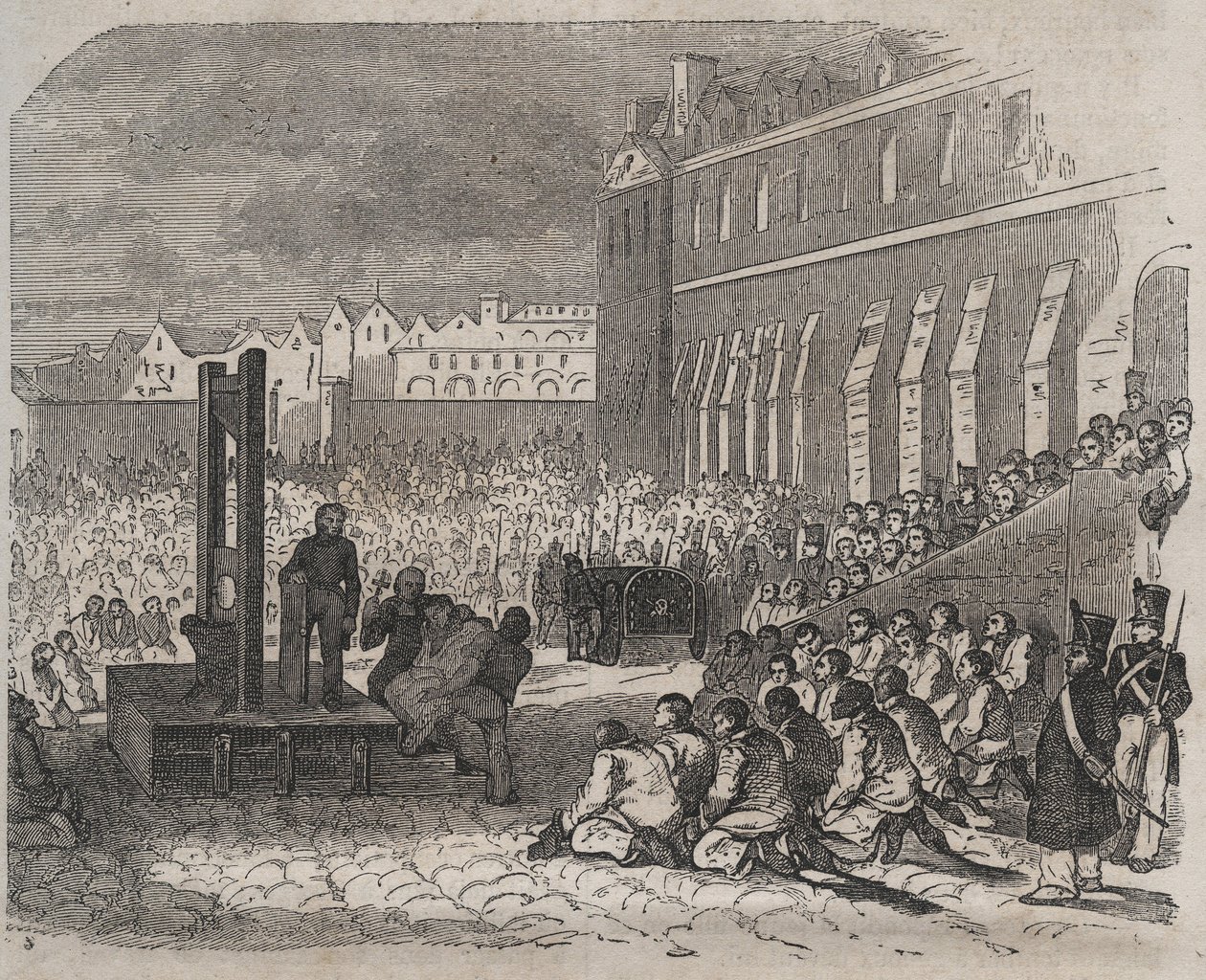 ジョセフ・ボルドレによるブレストのバーニュでの処刑。ピエール・ザッコーネ（1817-1895）の『Histoire des bagnes depuis leur création à nos jours』（1877年）に掲載されている版画（Colonia Penale - Penal colony）。プライベートコレクション 作： 匿名匿名
