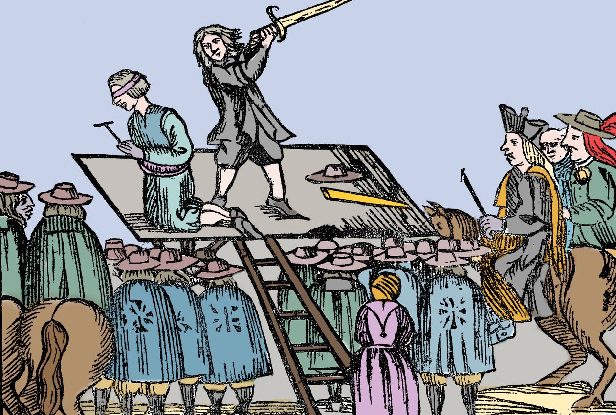 毒殺の刑に処せられたブランヴィリエ侯爵夫人マリー・マドレーヌ・ドーブレ（1630-1676）の処刑 - 匿名の印刷物。 作： 匿名匿名