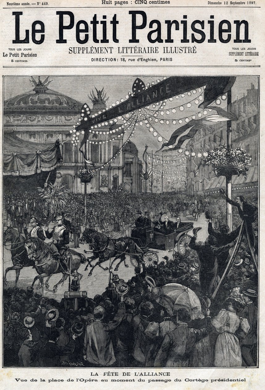 露仏同盟祝賀会：フェリックス・フォール(1841-1899)の大統領行列通過時のオペラ広場の様子。1897年12月09日の「Le Petit Parisien」に掲載。個人蔵 作： 匿名匿名