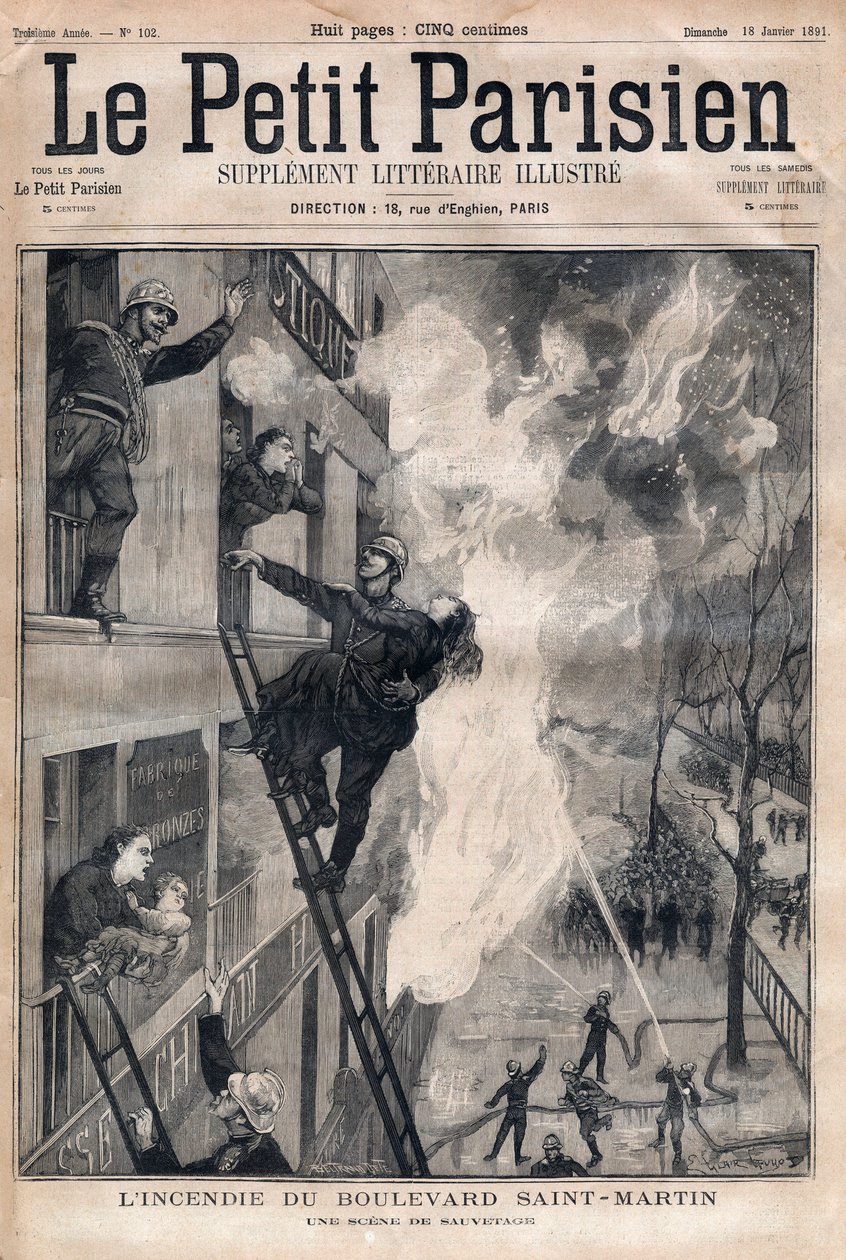 パリの消防士：サン・マルタン大通りの火災の際の救助シーン。1891年の "Le petit Parisien "に掲載された版画。個人蔵。 作： 匿名匿名