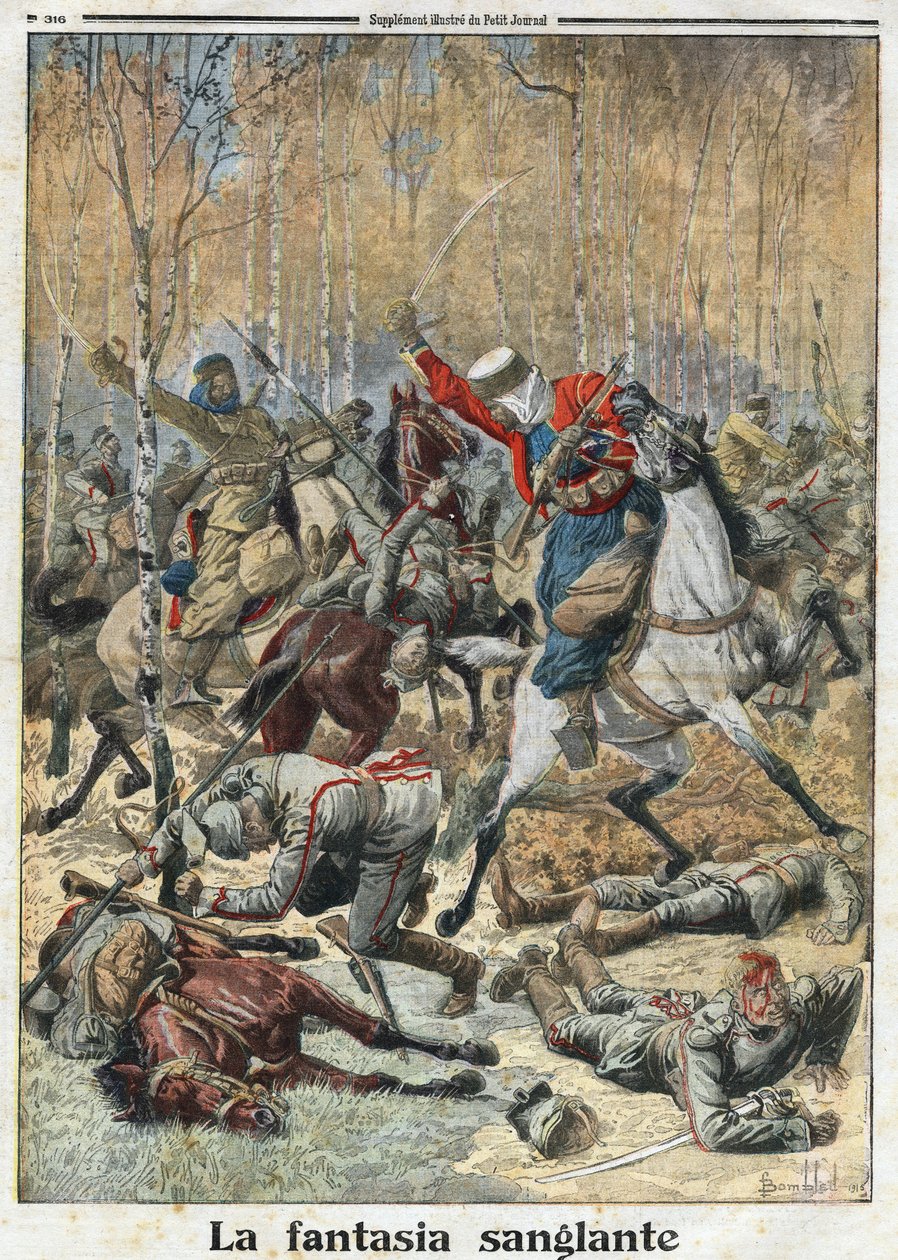 第一次世界大戦1914-1918（14-18）。"血のファンタジア"。森の中で、30人のウーラン（槍を持ったドイツ軍の騎兵）の部隊が、勝利した8人のアルジェリア人スパイスと戦っている。1915年11月28日、「Le Petite Journal」に掲載されたエングレーヴィング。個人蔵。 作： 匿名匿名