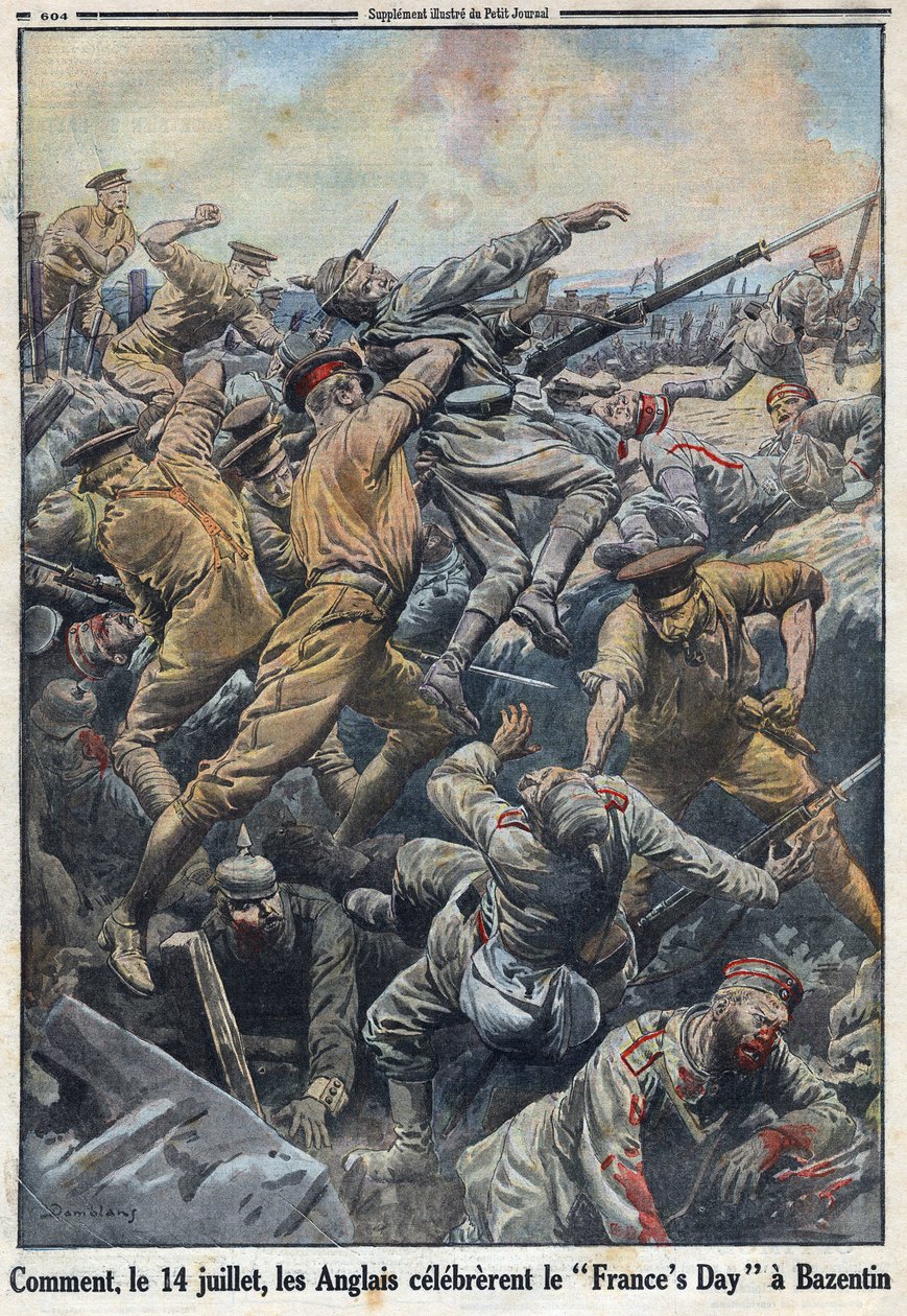 第一次世界大戦1914-1918（大戦14-18）。1916年7月13日、14日に行われたBattle of Crete Bazentinでイギリス軍がドイツ軍に対抗した。1916年8月6日付「Le Petite Journal」にて。個人蔵 作： 匿名匿名