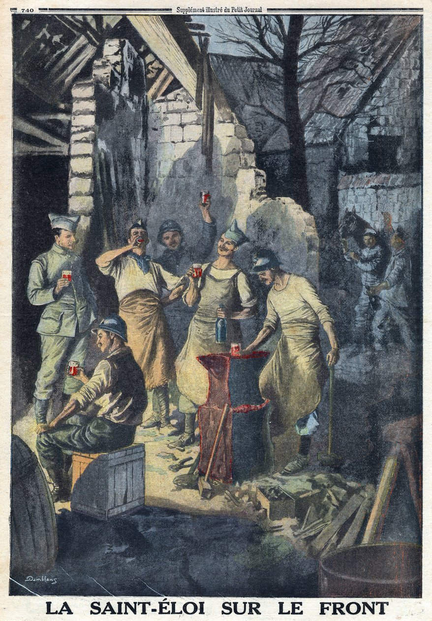 第一次世界大戦1914-1918（第14-18次大戦）。前線の兵士たちの聖エロイ(Saint-Eloi)の祝賀会。全員が赤ワインを一杯飲んでパーティーに臨む。Le Petite Journal", on 3/12/1916に掲載。プライベート・コレクション 作： 匿名匿名
