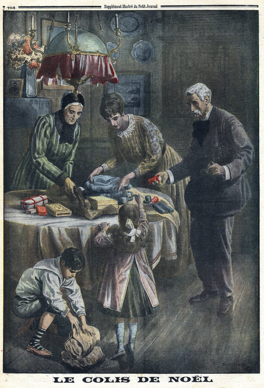 第一次世界大戦1914-1918（戦争14-18）。クリスマス・ギフト。クリスマスイブに戦場の父から受け取った小包を受け取り、開封する子供たち。1916年12月24日の "Le Petite Journal "にて。個人蔵 作： 匿名匿名