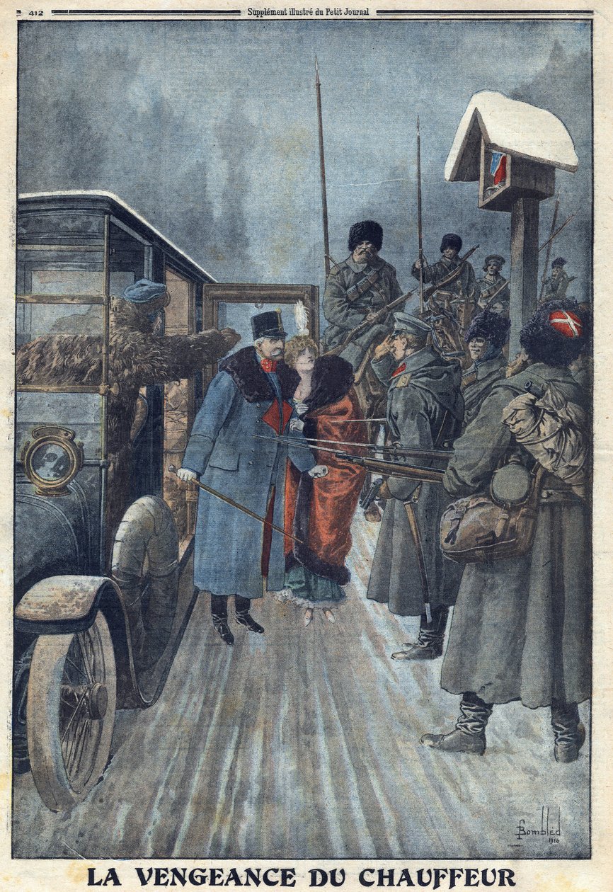第一次世界大戦1914-1918（第14次世界大戦-第18次世界大戦）。自分の不当な扱いに復讐しようとした運転手に否定され、オーストリアのスカボノビッチ将軍はロシアのキャンプで捕虜になる。Le Petite Journal", on 20/02/1916.個人蔵 作： 匿名匿名