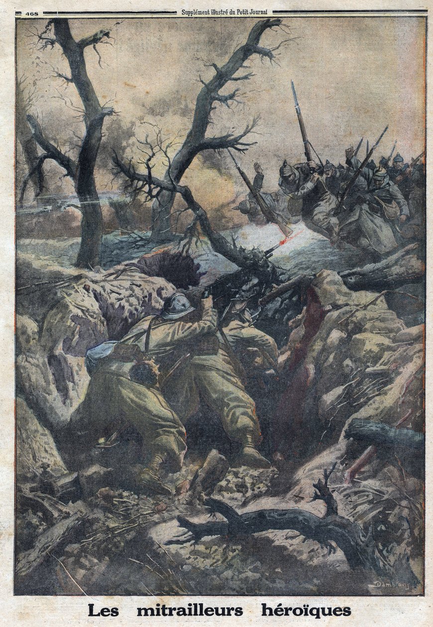 第一次世界大戦1914-1918（大戦14-18）。攻めてくるドイツ軍を撃つフランスの機関銃手。Le Petite Journal "で、1916年9月4日に。個人蔵 作： 匿名匿名
