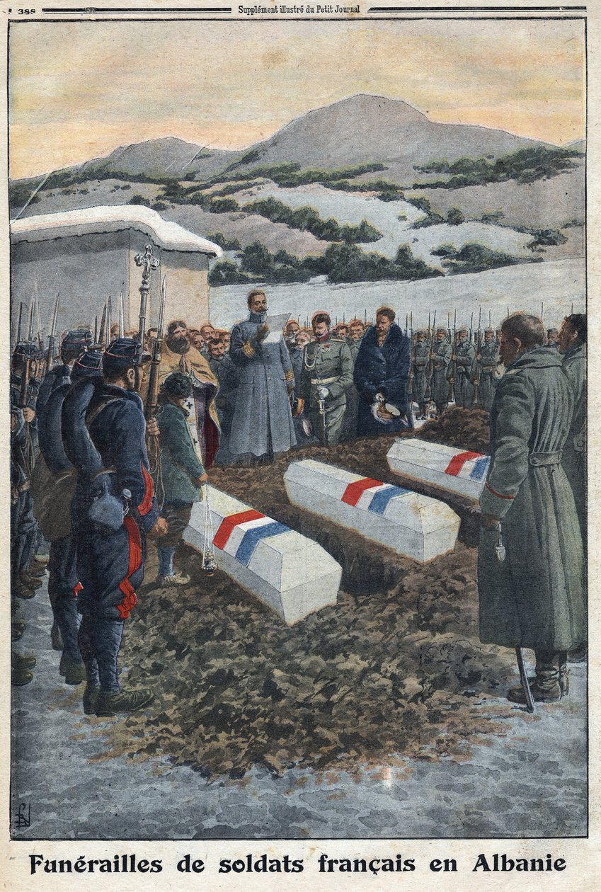 第一次世界大戦1914-1918（戦争14-18）。アルバニアでのフランス兵の葬儀。"Le Petite Journal "にて 作： 匿名匿名