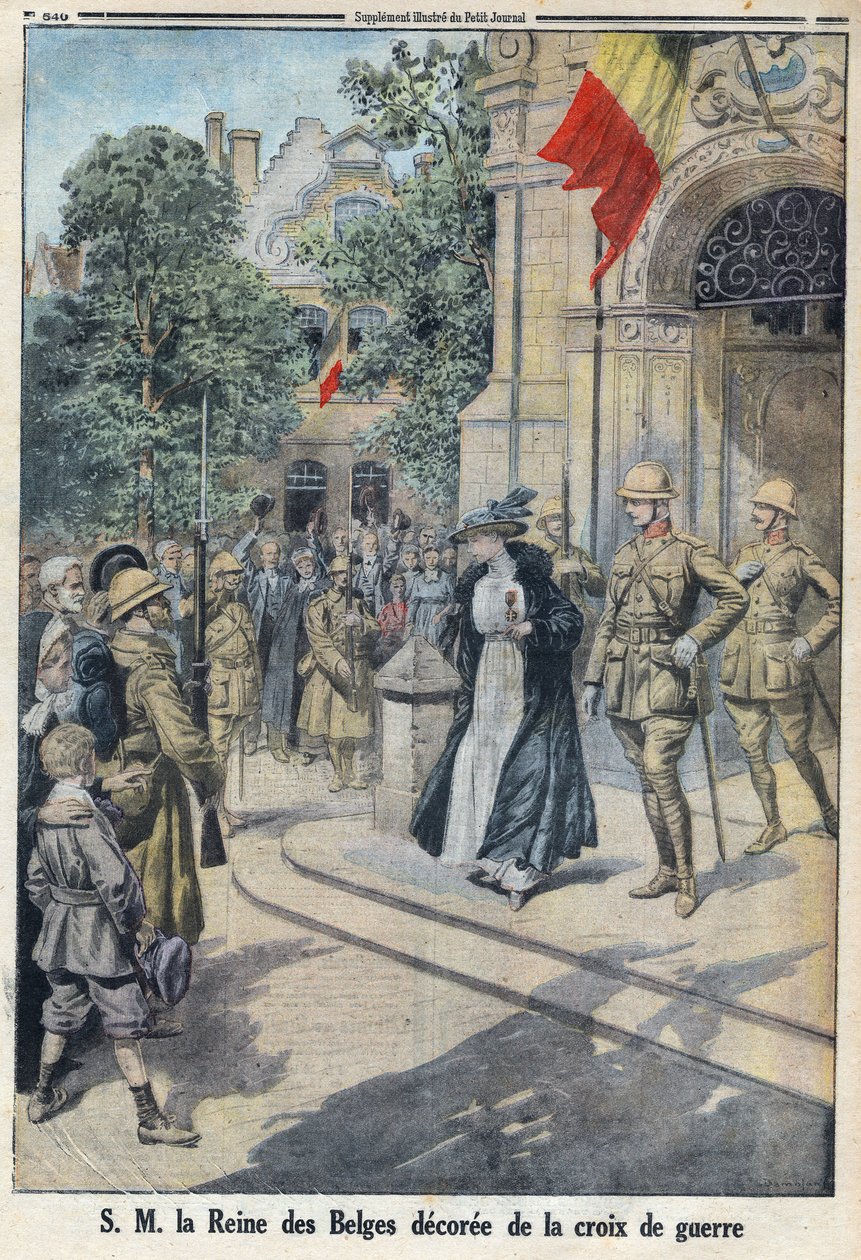 第一次世界大戦1914年～1918年（第14次～18次）。ベルギー女王エリザベート・ド・バビエール（1876-1965）陛下に戦没者十字章が授与された。"Le Petite Journal "にて 作： 匿名匿名