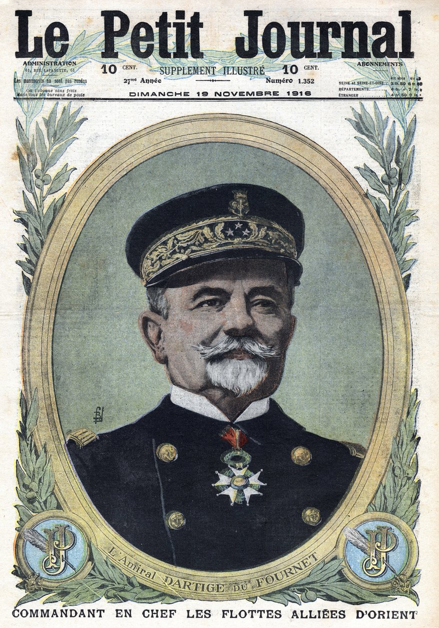 第一次世界大戦1914-1918（第14-18次大戦）。ダルティージュ・デュ・フルネ提督の肖像 東洋の連合艦隊司令長官。1916年11月19日、「Le Petite Journal」にて。個人蔵 作： 匿名匿名