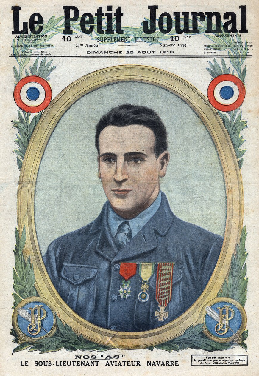 第一次世界大戦1914-1918（第14-18次大戦）。ジャン・ナヴァール（1895-1919）フランス軍の飛行士の肖像。"Le Petité Journal "にて 作： 匿名匿名