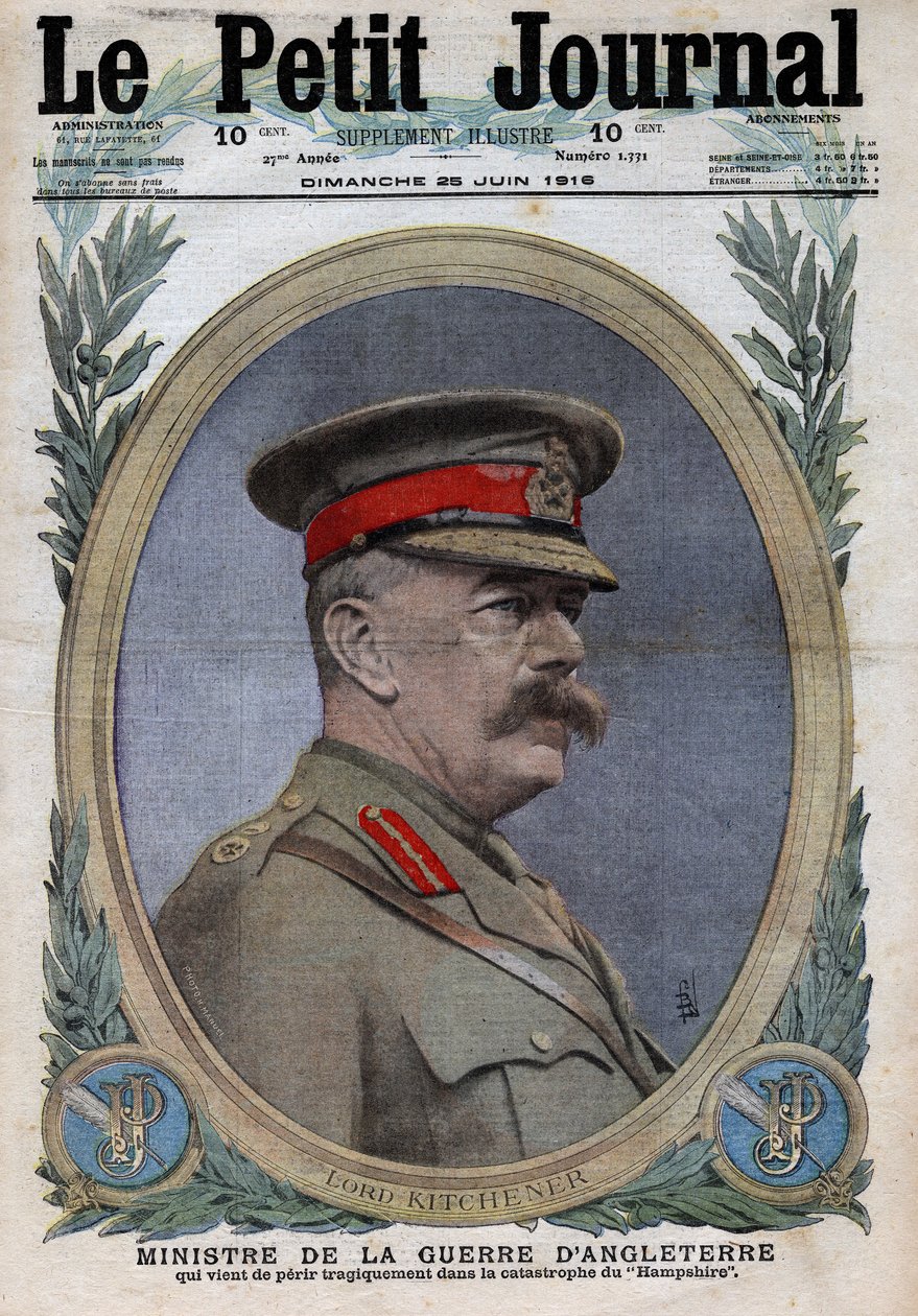 第一次世界大戦1914-1918（第14次世界大戦-第18次世界大戦）。イギリス陸軍大臣ホレイショ・ハーバート・キッチナー(1850-1916)の肖像。1916年6月25日、「Le Petite Journal」にて。個人蔵 作： 匿名匿名