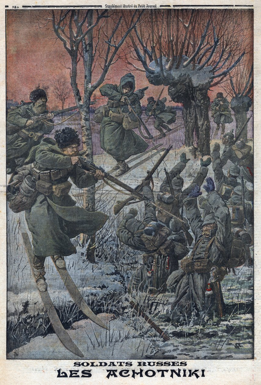第一次世界大戦1914-1918（第14-18次大戦）。スキーを履いたロシア兵アホトニキがドイツ兵を撃つ。1916年1月23日、「Le Petite Journal」にて。個人蔵 作： 匿名匿名