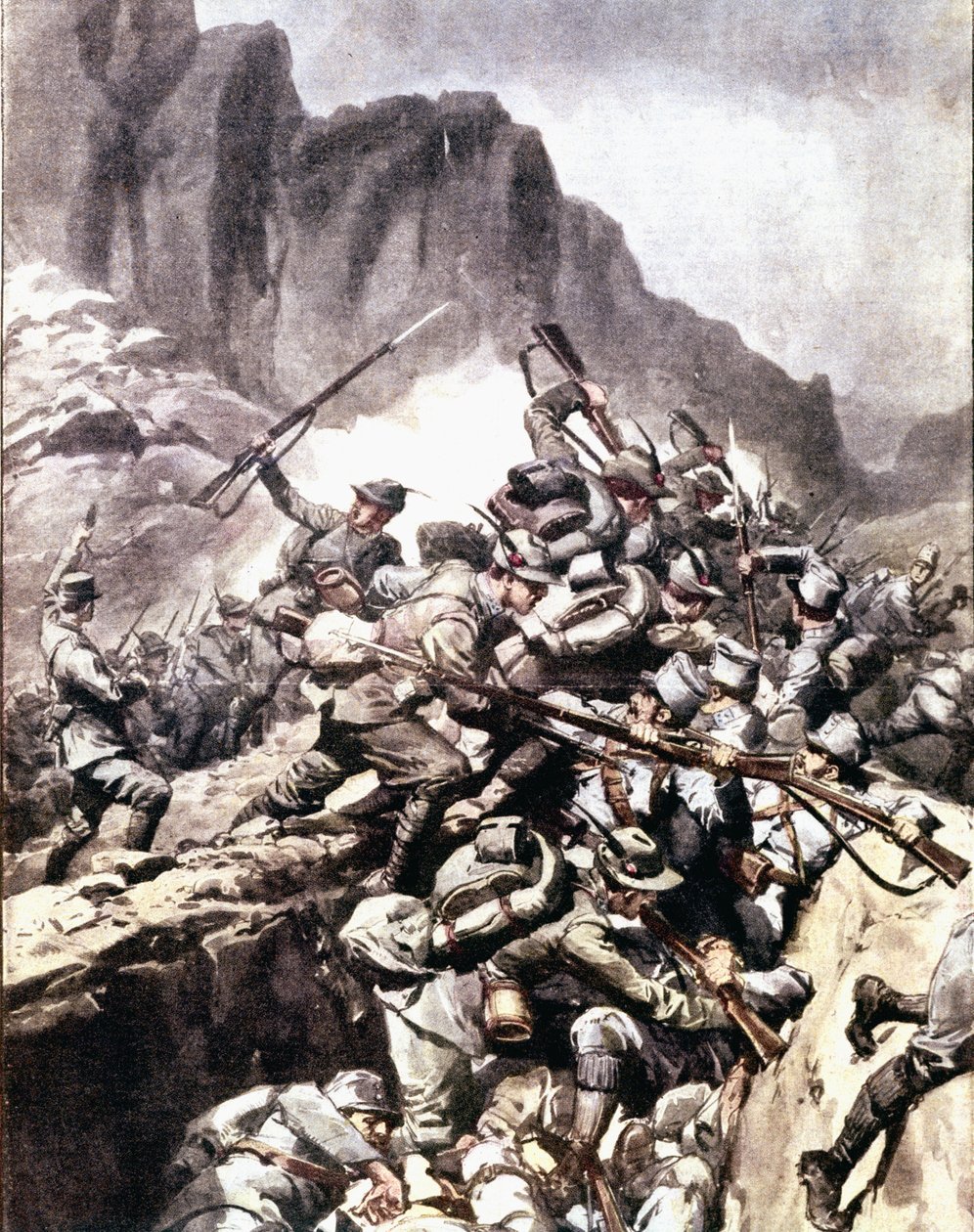 第一次世界大戦："イタリアアルプス、ピエモンのヴァル・デ・インフェルノでのイタリア人アルパインハンター（アルピーノまたはアルピーニ）とオーストリア・ハンガリー軍の兵士との衝突" 1916年 "La domenica del corriere "のイラスト 作： 匿名匿名
