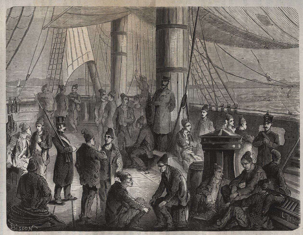 1851年12月8日の政令に基づく、トゥーロンからカイエンヌ（ガイアナ）への第一次輸送隊。ピエール・ザッコーネ（1817-1895）の「Histoire des bagnes depuis leur création à nos jours」（1877年）に掲載されている版画（コロニア・ペナーレ-刑罰植民地）。個人蔵。 作： 匿名匿名