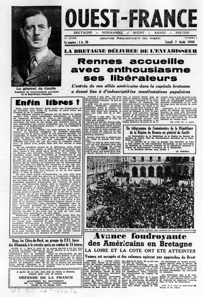 1944年8月7日の西フランス創刊号：西フランスのラララ解放とドゴール将軍-写真、B.N. 作： 匿名匿名