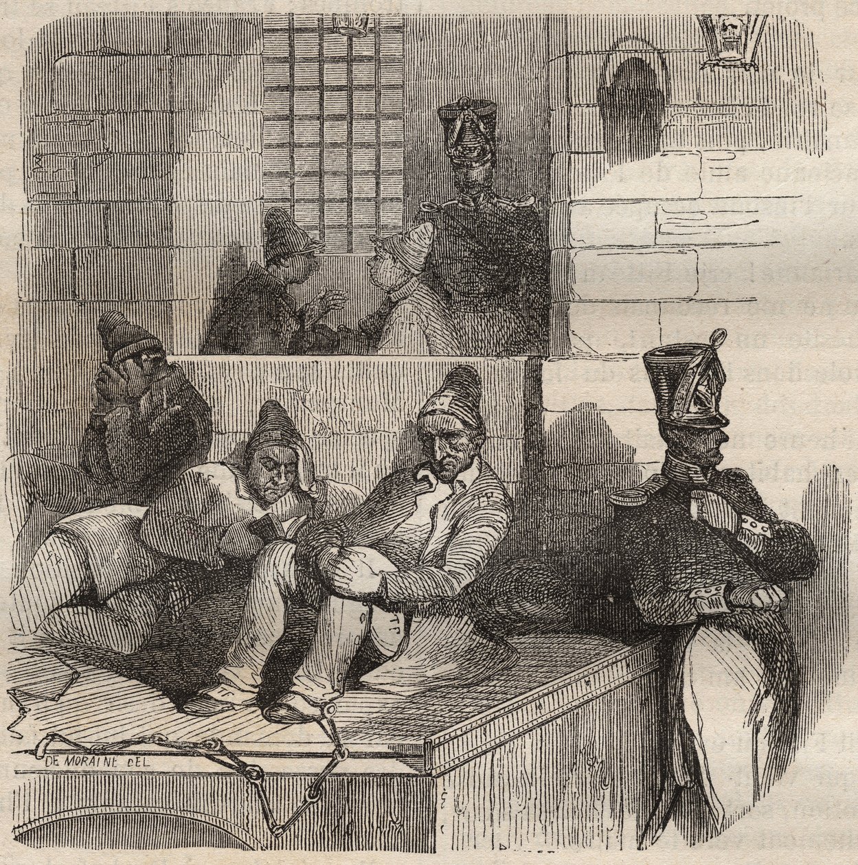 19世紀、ロシュフォールのバッグンで休息するフォルカ。ピエール・ザッコーネ（1817-1895）の「Histoire des bagnes depuis leur création à nos jours」（1877年）に掲載されている版画（コロニア・ペナーレ＝流刑地）。 作： 匿名匿名