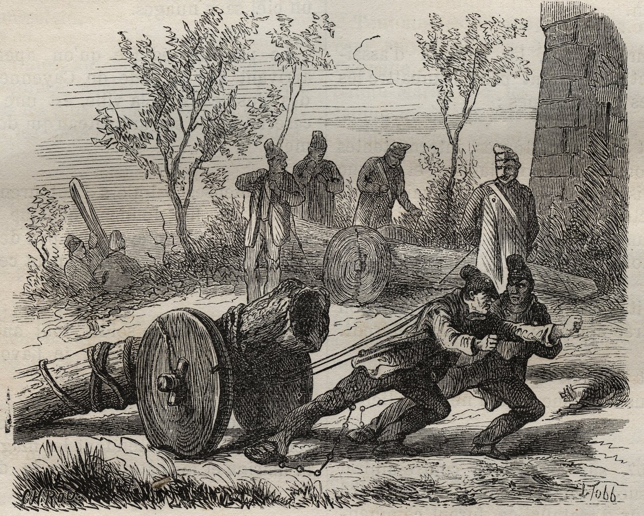 19世紀のトゥーロン・バッグンでのフォルカッツ・ブシュロン。ピエール・ザッコーネ（1817-1895）の「Histoire des bagnes depuis leur création à nos jours」（1877年）に掲載された版画（Colonia Penale - Penal colony）。個人蔵。 作： 匿名匿名