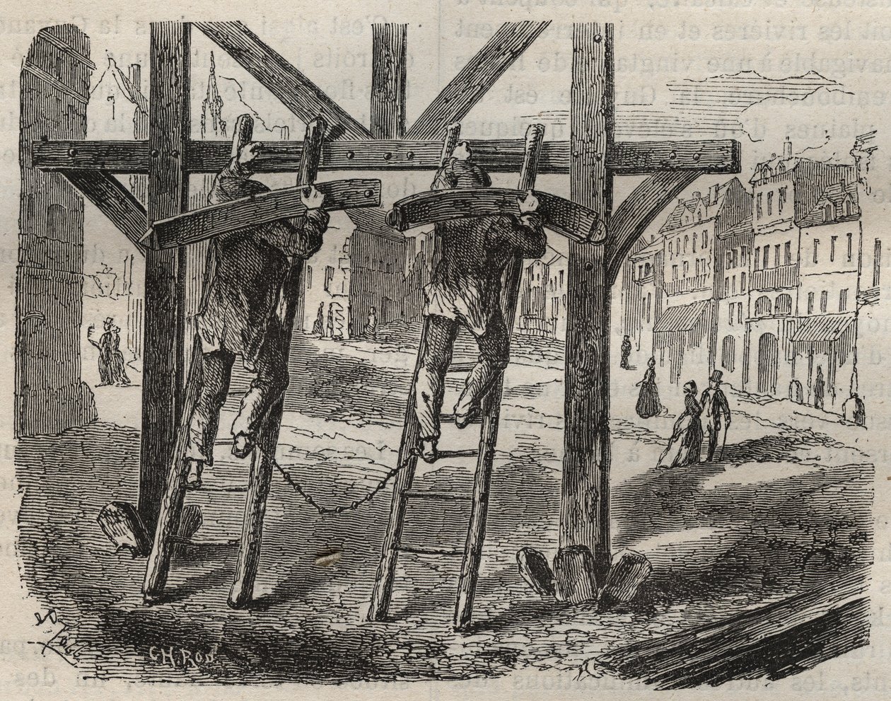 19世紀のトゥーロン・バッグンのフォルカッツ大工たち。ピエール・ザッコーネ（1817-1895）の「Histoire des bagnes depuis leur création à nos jours」（1877年）に掲載された版画（Colonia Penale - Penal colony）。個人蔵。 作： 匿名匿名
