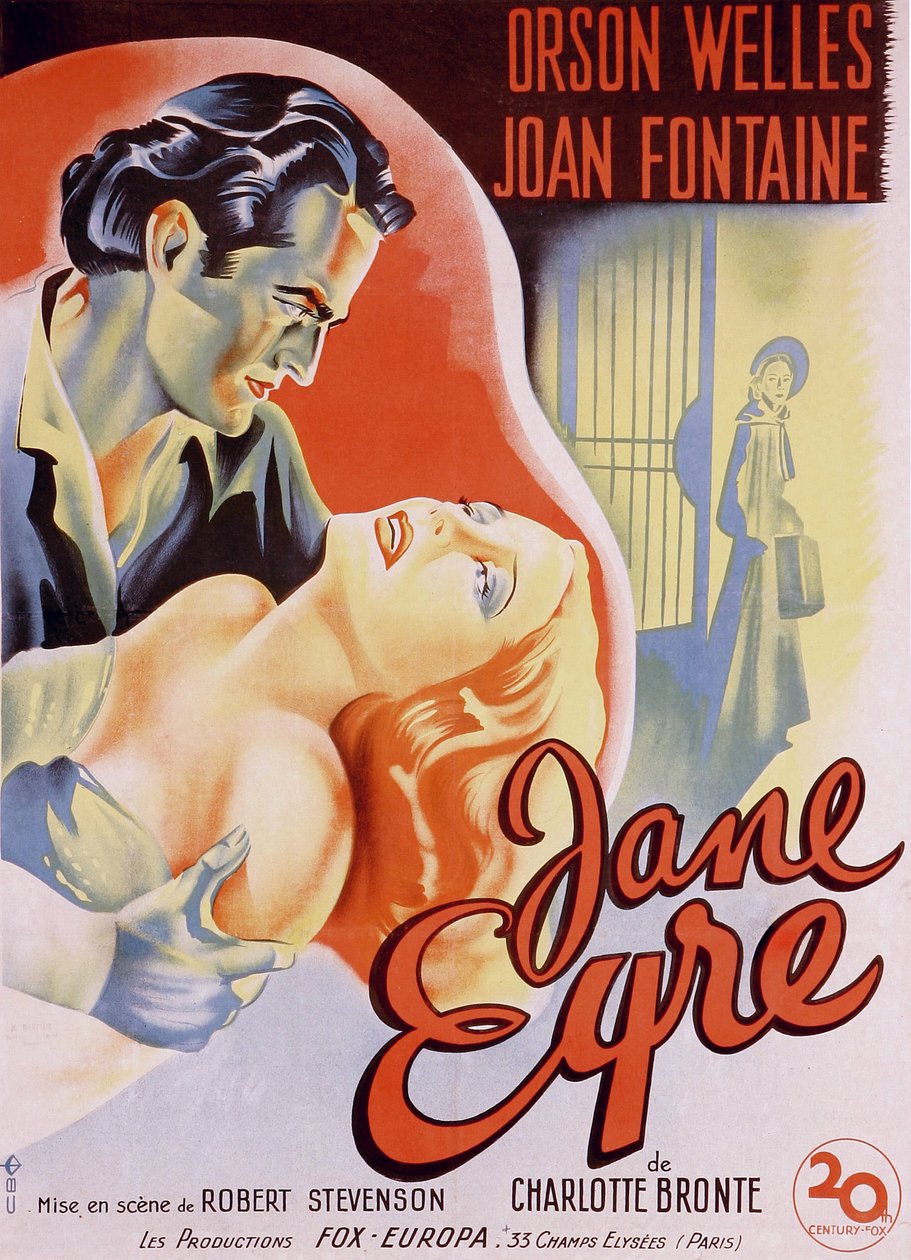 Französisches Filmplakat für den Film „Jane Eyre“ geschrieben von Charlotte Bronte und inszeniert von Robert Stevenson 1944 mit den Schauspielern Orson Welles als Edward Rochester und Joan Fontaine als Jane. Private Sammlung. von Anonymous Anonymous