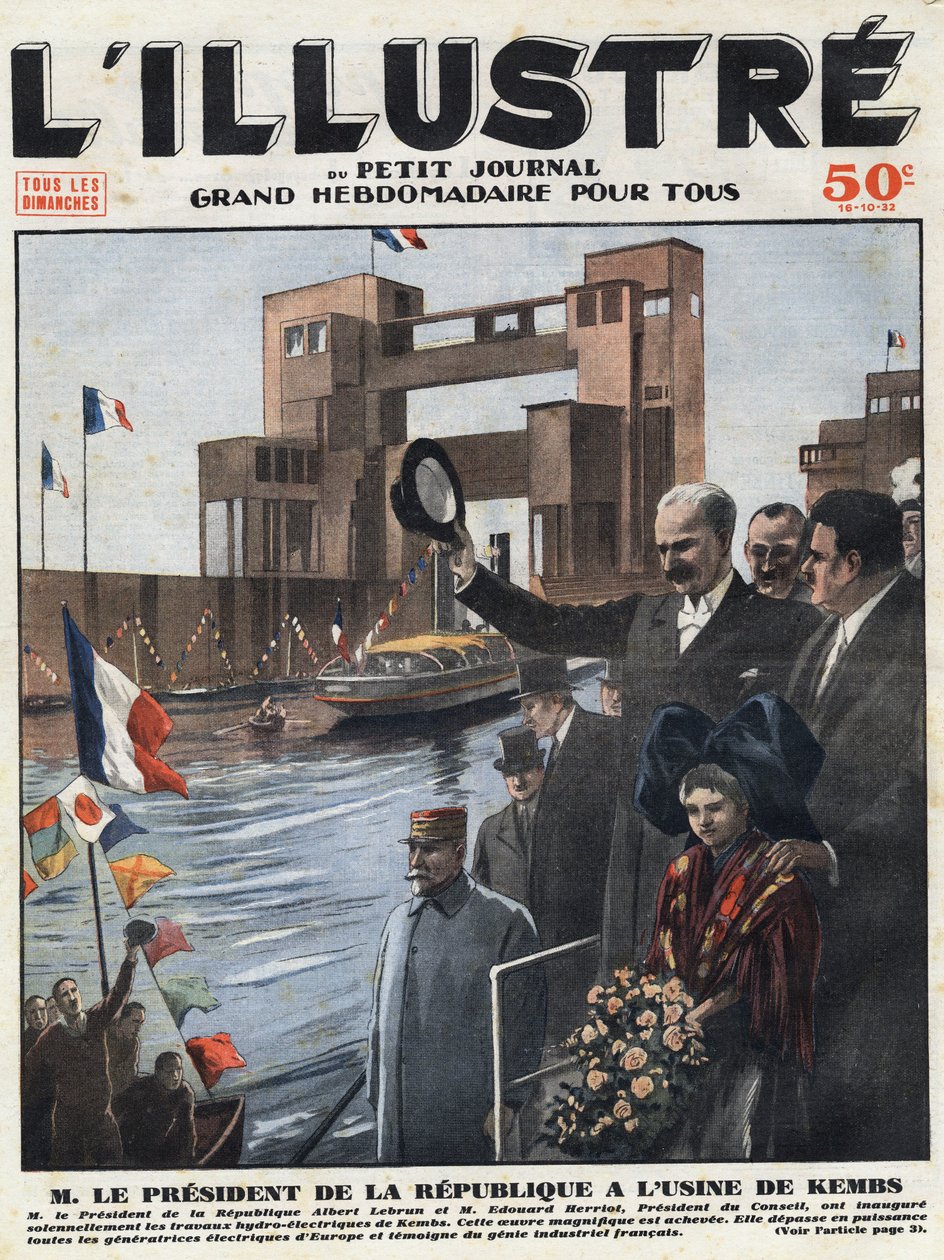フランスの産業界。共和国大統領アルベール・ルブラン（1871-1950）と評議会議長エドゥアール・ヘリオ（1872-1957）が、アルザスのオー・ライン（Haut-Rhin）にあるケムズ（Kembs）の水力発電所の落成式を行った。見出しの刻印は「L