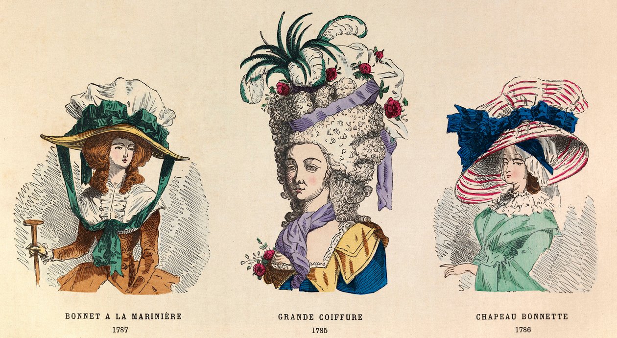 左からカラス：1787年の「マリニエール帽」、1785年の「グランド・ヘアスタイル」、1786年の「ボネット帽」 - 個人蔵 作： 匿名匿名